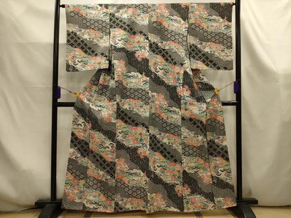 平和屋着物■上質な小紋　型染め　松竹梅吉祥風景文　黒地　正絹　逸品　AABK6010sx