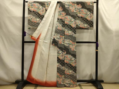 平和屋着物■上質な小紋　型染め　松竹梅吉祥風景文　黒地　正絹　逸品　AABK6010sx