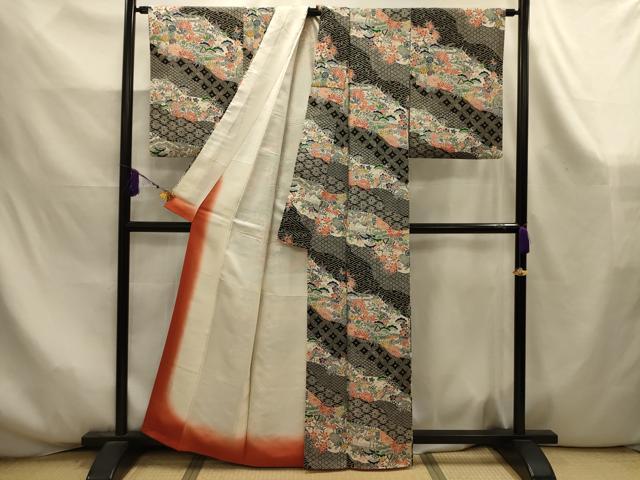 平和屋着物■上質な小紋　型染め　松竹梅吉祥風景文　黒地　正絹　逸品　AABK6010sx