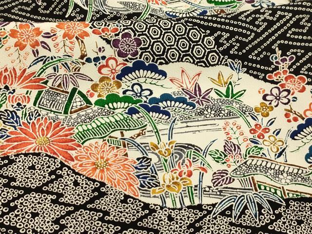 平和屋着物■上質な小紋　型染め　松竹梅吉祥風景文　黒地　正絹　逸品　AABK6010sx