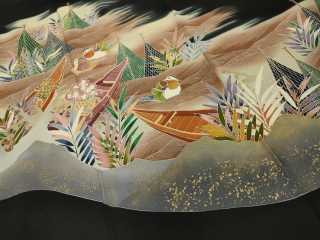 平和屋着物■豪華黒留袖　流水鴛鴦文　暈し染め　金彩　正絹　逸品　AABK6025sx