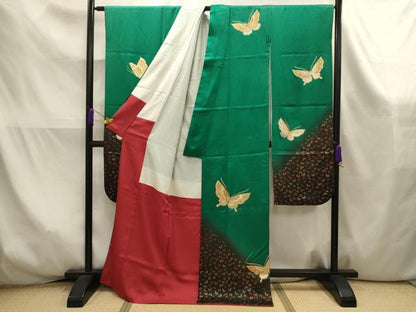 平和屋着物■豪華振袖　駒刺繍　舞蝶文　暈し染め　金彩　正絹　逸品　AABK6026sx