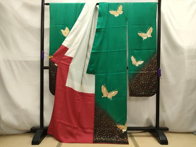 平和屋着物■豪華振袖　駒刺繍　舞蝶文　暈し染め　金彩　正絹　逸品　AABK6026sx