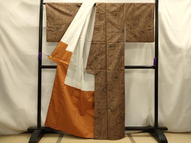 平和屋着物■上質な紬　草花文　正絹　逸品　AABK6051sx