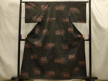 平和屋着物■上質な紬　色紙重ね花文　黒地　正絹　逸品　AABK6076sx