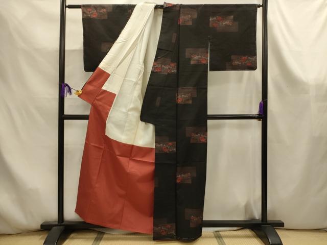 平和屋着物■上質な紬　色紙重ね花文　黒地　正絹　逸品　AABK6076sx