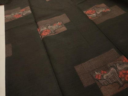 平和屋着物■上質な紬　色紙重ね花文　黒地　正絹　逸品　AABK6076sx