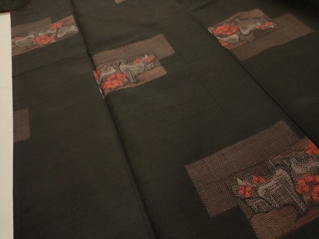 平和屋着物■上質な紬　色紙重ね花文　黒地　正絹　逸品　AABK6076sx