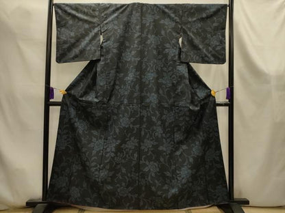 平和屋着物■上質な紬　草花文　黒地　正絹　逸品　AABK6079sx