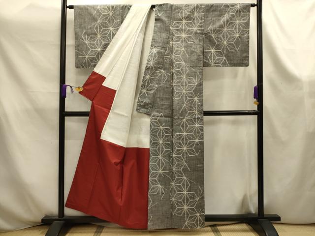 平和屋着物■上質な紬　麻の葉文様　正絹　逸品　AABK6093sx