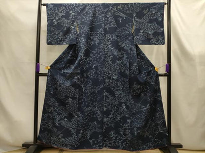 平和屋着物■上質な小紋　藍　裂取り狩猟風景文　正絹　逸品　AABK6123sx