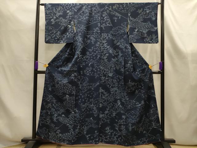 平和屋着物■上質な小紋　藍　裂取り狩猟風景文　正絹　逸品　AABK6123sx