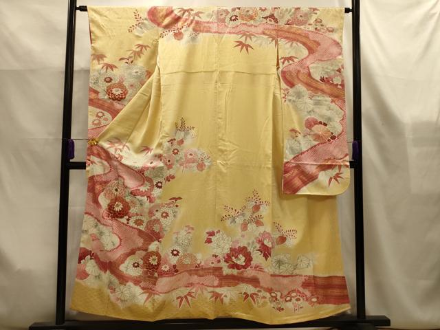 平和屋着物■豪華振袖　絞り　駒刺繍　流水花文　金彩　正絹　逸品　AABK6141sx