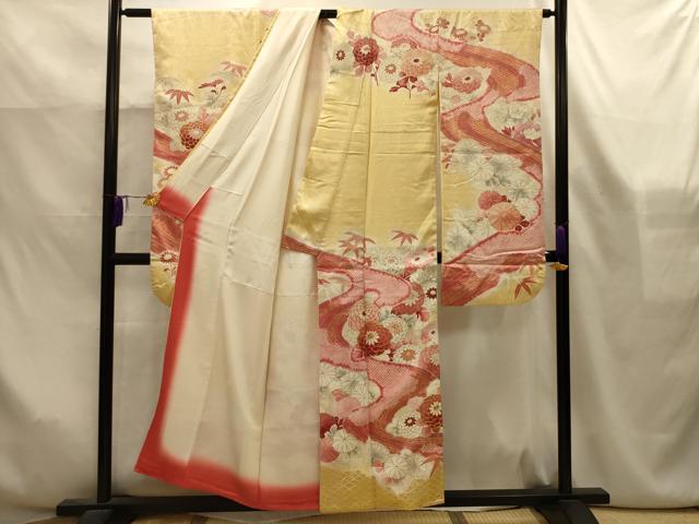 平和屋着物■豪華振袖　絞り　駒刺繍　流水花文　金彩　正絹　逸品　AABK6141sx