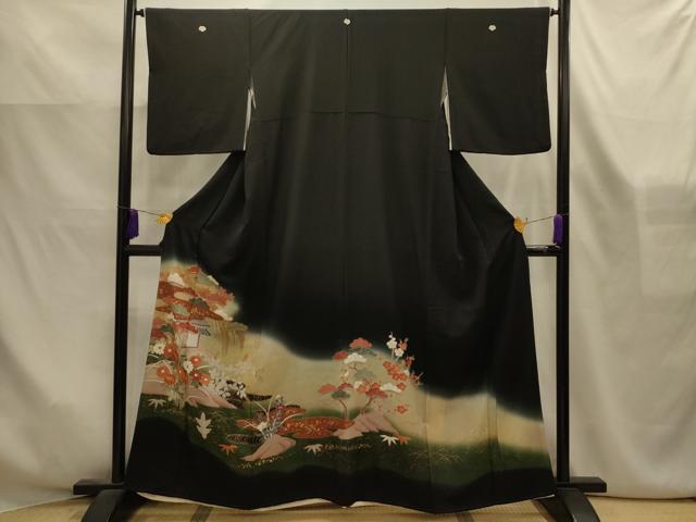 平和屋着物■豪華黒留袖　駒刺繍　松竹梅風景文　暈し染め　金彩　正絹　逸品　AABK6159sx