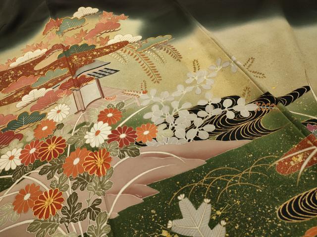 平和屋着物■豪華黒留袖　駒刺繍　松竹梅風景文　暈し染め　金彩　正絹　逸品　AABK6159sx