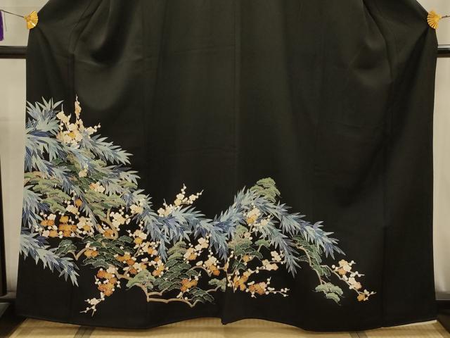 平和屋着物■豪華黒留袖　友禅　松竹梅風景文　正絹　逸品　AABK6160sx