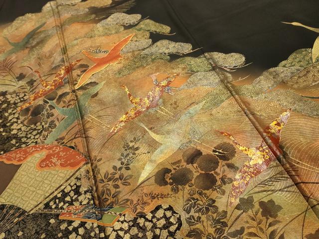 平和屋着物■豪華黒留袖　作家物　駒刺繍　飛鶴浜松文　金銀彩　正絹　逸品　AABK6161sx