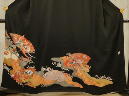 平和屋着物■豪華黒留袖　作家物　道長地紙鳳凰花文　正絹　逸品　AABK6164sx