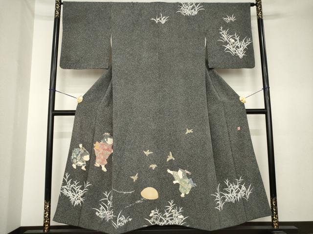 平和屋着物●十日町友禅作家　関口遼一　訪問着　童子　たたき染め　黒地　正絹　逸品　AABK6202ck