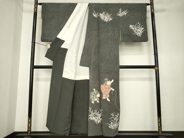 平和屋着物●十日町友禅作家　関口遼一　訪問着　童子　たたき染め　黒地　正絹　逸品　AABK6202ck