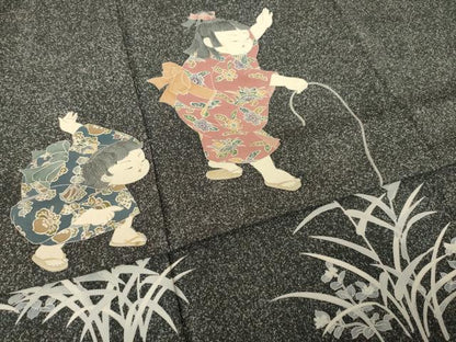 平和屋着物●十日町友禅作家　関口遼一　訪問着　童子　たたき染め　黒地　正絹　逸品　AABK6202ck