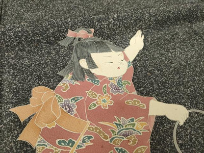 平和屋着物●十日町友禅作家　関口遼一　訪問着　童子　たたき染め　黒地　正絹　逸品　AABK6202ck