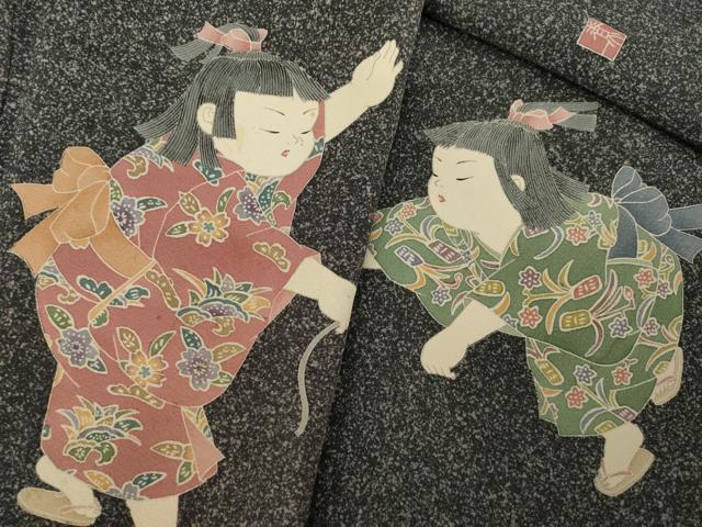 平和屋着物●十日町友禅作家　関口遼一　訪問着　童子　たたき染め　黒地　正絹　逸品　AABK6202ck