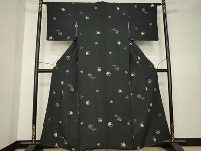平和屋着物●上質な小紋　雪輪兎花文　黒地　正絹　逸品　AABK6204ck