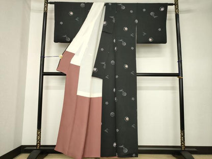 平和屋着物●上質な小紋　雪輪兎花文　黒地　正絹　逸品　AABK6204ck