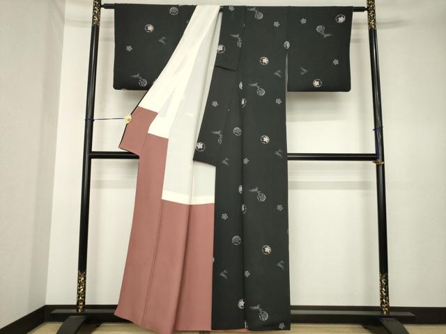 平和屋着物●上質な小紋　雪輪兎花文　黒地　正絹　逸品　AABK6204ck