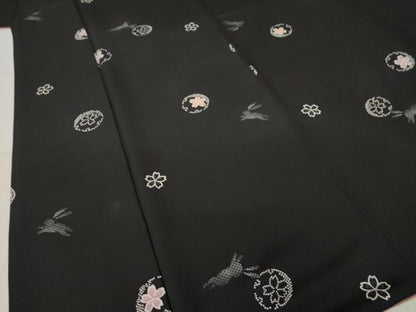 平和屋着物●上質な小紋　雪輪兎花文　黒地　正絹　逸品　AABK6204ck
