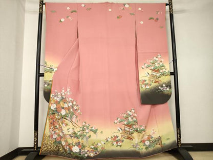 平和屋着物●豪華振袖　駒刺繍　御所車飛鶴花文　暈し染め　金彩　正絹　逸品　AABK6205ck