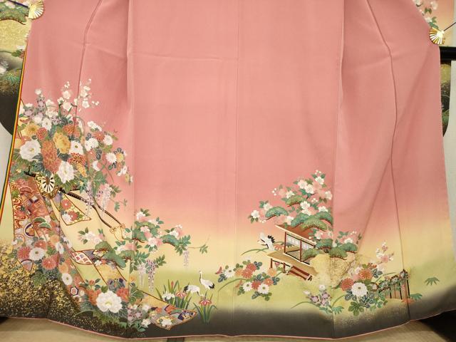 平和屋着物●豪華振袖　駒刺繍　御所車飛鶴花文　暈し染め　金彩　正絹　逸品　AABK6205ck