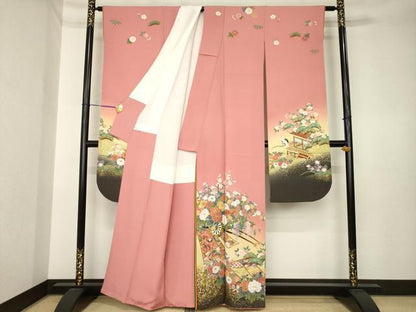 平和屋着物●豪華振袖　駒刺繍　御所車飛鶴花文　暈し染め　金彩　正絹　逸品　AABK6205ck