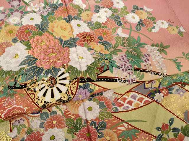 平和屋着物●豪華振袖　駒刺繍　御所車飛鶴花文　暈し染め　金彩　正絹　逸品　AABK6205ck