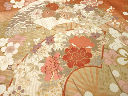 平和屋着物●豪華振袖　扇面花文　金彩　正絹　逸品　AABK6207ck