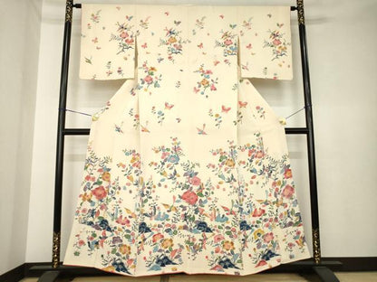 平和屋着物●訪問着　型染め　花鳥文　鬼しぼ縮緬　正絹　逸品　AABK6210ck