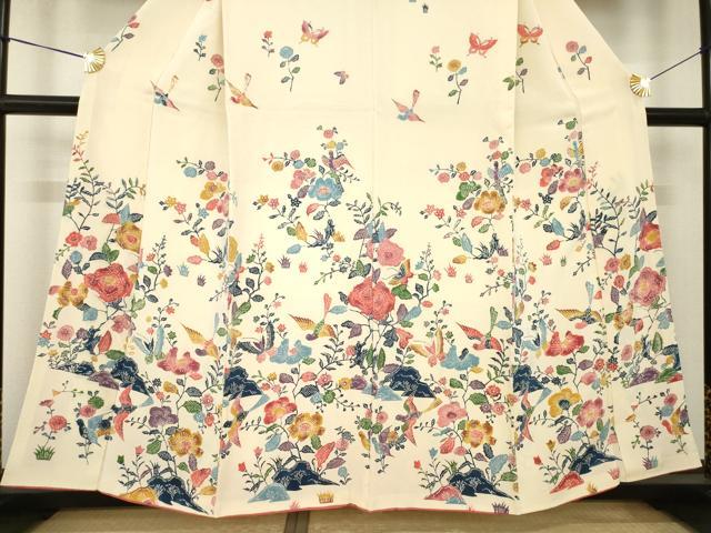 平和屋着物●訪問着　型染め　花鳥文　鬼しぼ縮緬　正絹　逸品　AABK6210ck