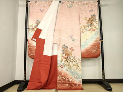 平和屋着物●豪華振袖　駒刺繍　御所車花蝶文　暈し染め　金彩　やまと誂製　正絹　逸品　AABK6224ck