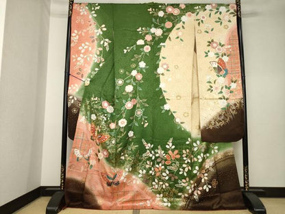 平和屋着物●豪華振袖　駒刺繍　花蝶文　暈し染め　金彩　ロング丈　正絹　逸品　AABK6227ck