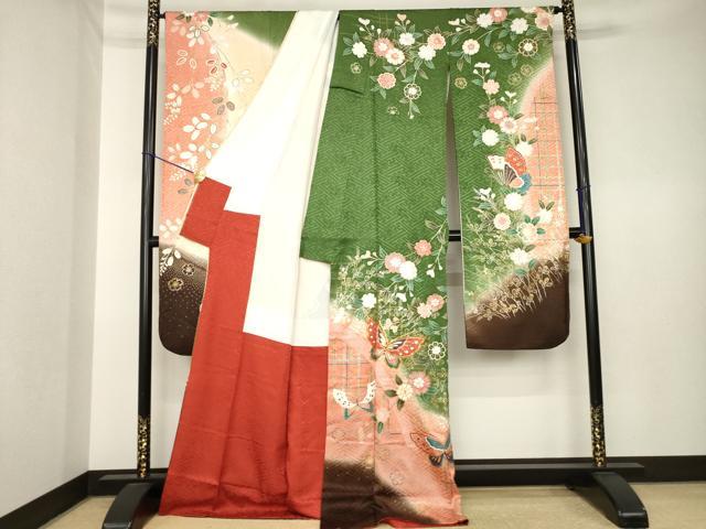 平和屋着物●豪華振袖　駒刺繍　花蝶文　暈し染め　金彩　ロング丈　正絹　逸品　AABK6227ck