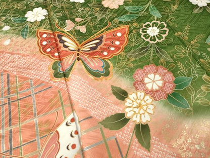 平和屋着物●豪華振袖　駒刺繍　花蝶文　暈し染め　金彩　ロング丈　正絹　逸品　AABK6227ck