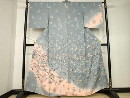 平和屋着物●訪問着　型染め　流水風景文　暈し染め　正絹　逸品　AABK6231ck