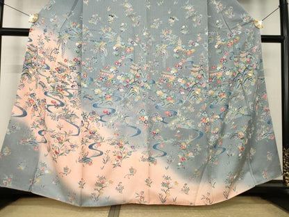 平和屋着物●訪問着　型染め　流水風景文　暈し染め　正絹　逸品　AABK6231ck