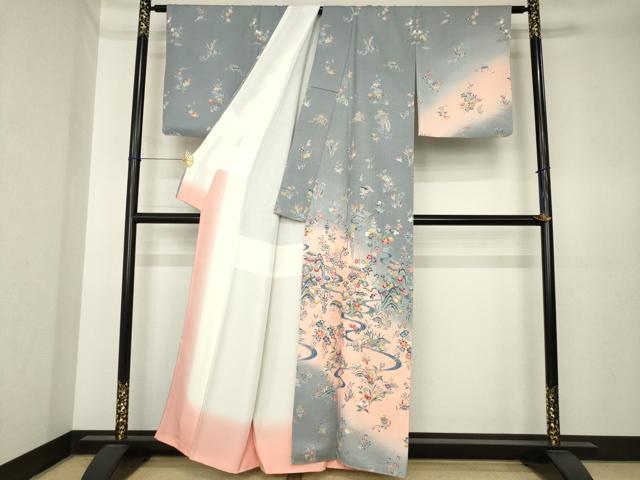 平和屋着物●訪問着　型染め　流水風景文　暈し染め　正絹　逸品　AABK6231ck