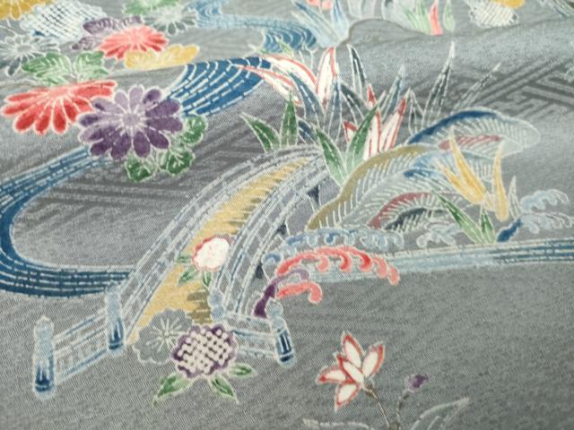 平和屋着物●訪問着　型染め　流水風景文　暈し染め　正絹　逸品　AABK6231ck