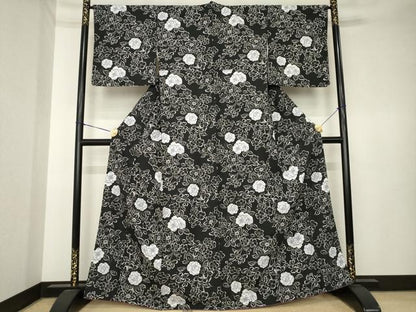 平和屋着物●小紋　草花文　黒地　洗える着物　AABK6234ck