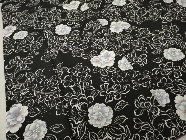平和屋着物●小紋　草花文　黒地　洗える着物　AABK6234ck