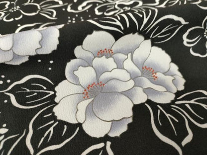 平和屋着物●小紋　草花文　黒地　洗える着物　AABK6234ck